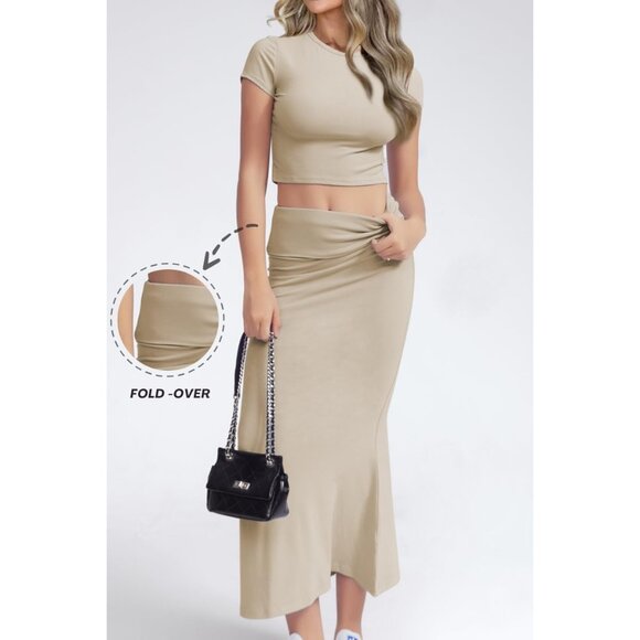 Women's Apricot Two Piece Sets Sleeve Crewneck Cropped Bodycon Outfit Maxi Skirt - Picture 2 of 6